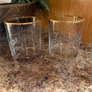 2-Easy Tiger Old-Fashioned Glass Clear Gold Rim Etched Barware Drinking Glasses